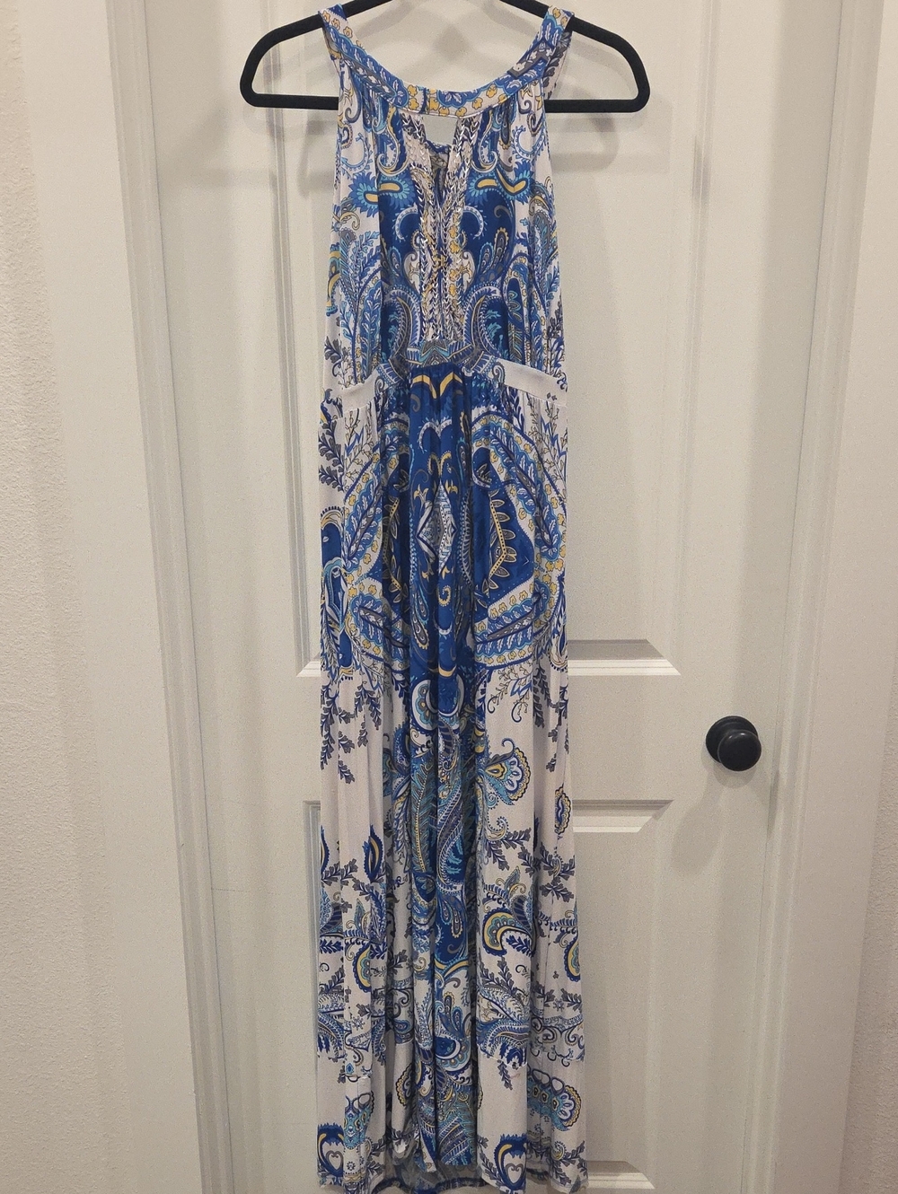 INC International Concepts Blue and Yellow Paisley Halter Maxi Dress